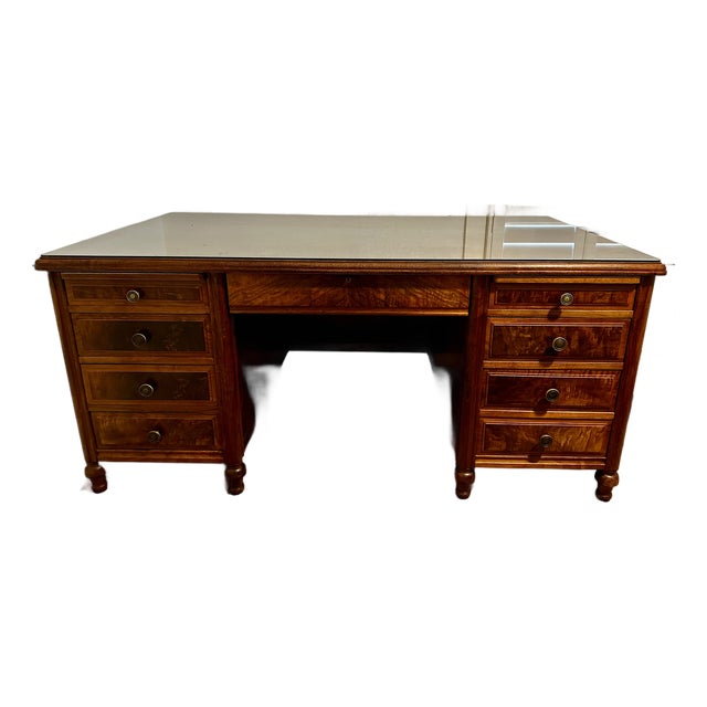 Late 20th Century Large Burl Walnut Double Pedestal Executive Desk With Glass Top | Brass Hardware | Traditional For Sale