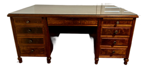 Late 20th Century Large Burl Walnut Double Pedestal Executive Desk With Glass Top | Brass Hardware | Traditional