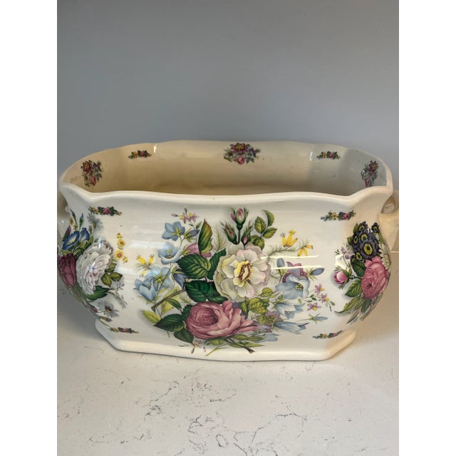Antique White Vintage English Ironstone Porcelain Floral Decorated Cachepot With Handles For Sale - Image 8 of 8