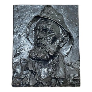 Traditional 1900s English Cornish Fisherman Sea Captain Pipe Smoker Wall Plaque Sculpture For Sale