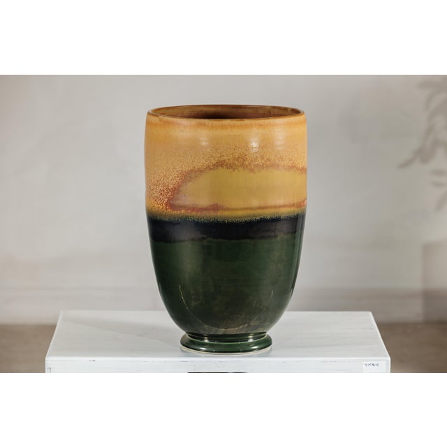 Late 20th Century Large Ochre and Green Glazed Ceramic Planter with Tiered Earth-Tone Finish For Sale - Image 17 of 18