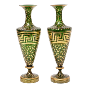 Green Gold 19th Century Crystal Vases, Greek Key Design Attributed Moser - A Pair