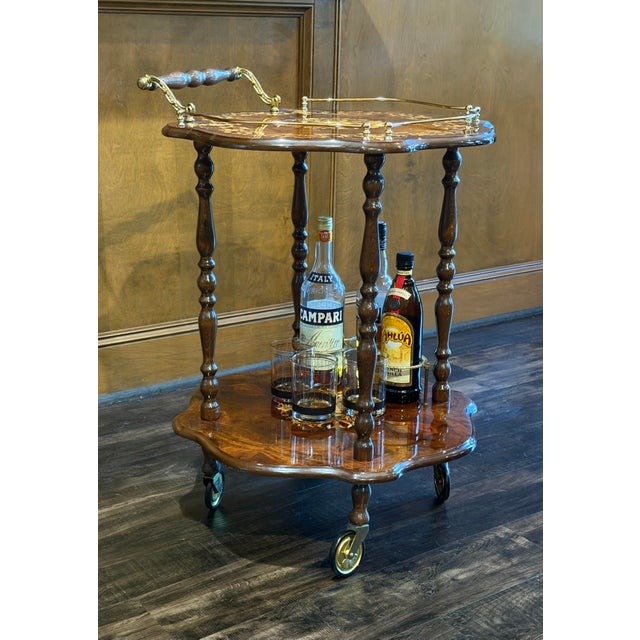 1980s Italian Inlaid Marquetry Burl Wood Bar Cart With Brass Gallery For Sale In Houston - Image 6 of 9