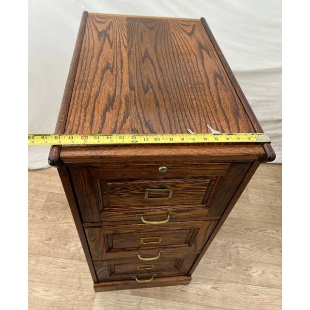 Vintage Tiger Oak File Cabinet Three Locking Drawers Paneled Sides Legal Size For Sale - Image 10 of 11