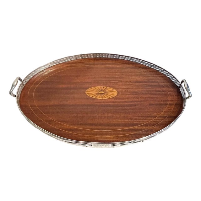 Antique Whiting Company Sterling Silver and Mahogany Gallery Cocktail Tray With Beveled Glass Insert For Sale
