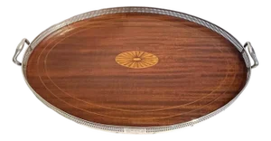 Antique Whiting Company Sterling Silver and Mahogany Gallery Cocktail Tray With Beveled Glass Insert