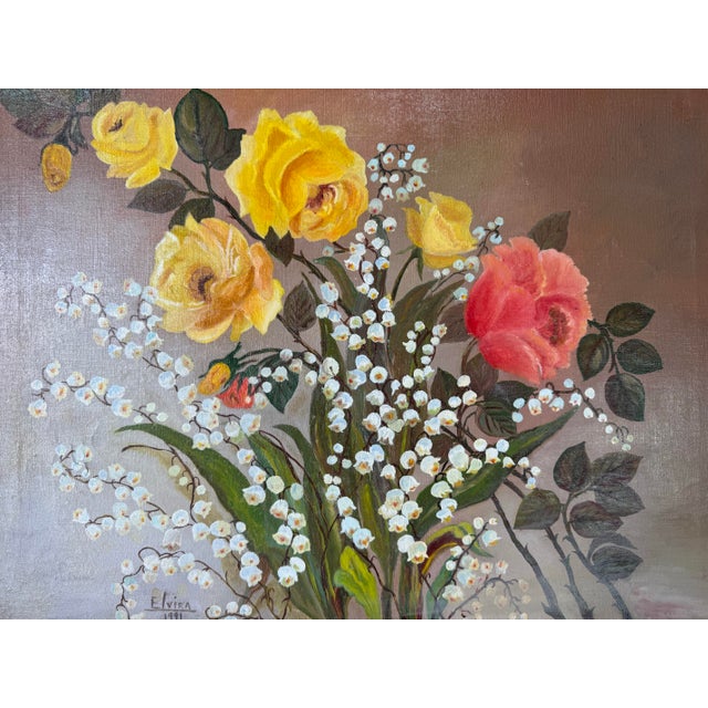 1990's Vintage Elvira Floral Still Life Oil on Canvas Painting – Signed For Sale - Image 11 of 12