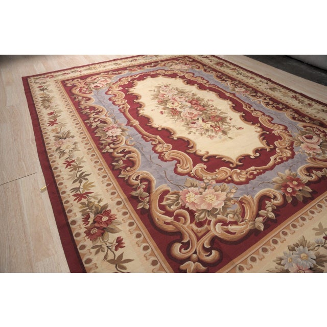 Textile 9x12 Vintage Aubusson Flat Weave Wool Rug, Burgundy Rose Medallion For Sale - Image 7 of 12