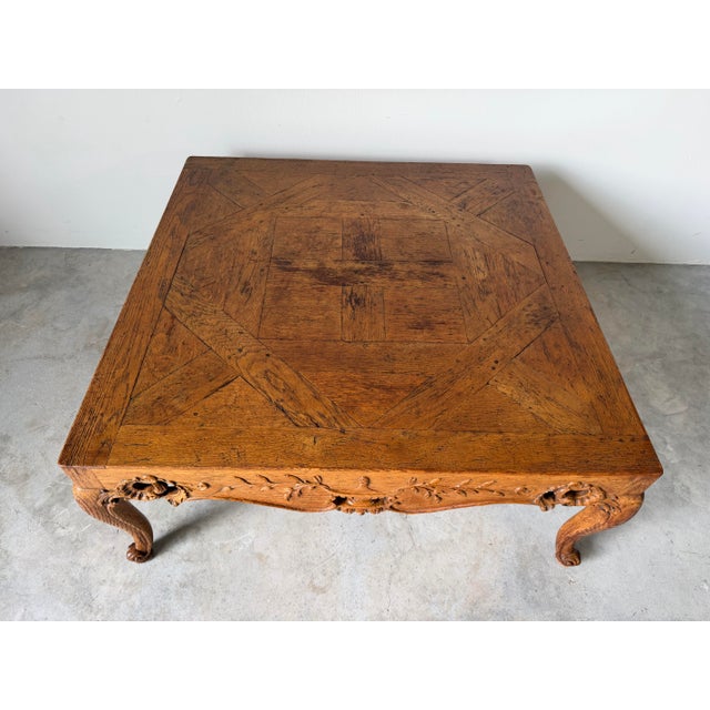 French Provincial 1960s French Provincial Louis XV–Style Hollywood Regency Carved Oak Parquetry Coffee Table For Sale - Image 3 of 14