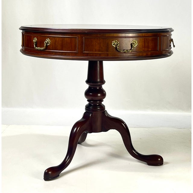 Wood Late 20th Century Century Furniture Traditional Burl Wood and Mahogany Pedestal Drum Table For Sale - Image 7 of 15
