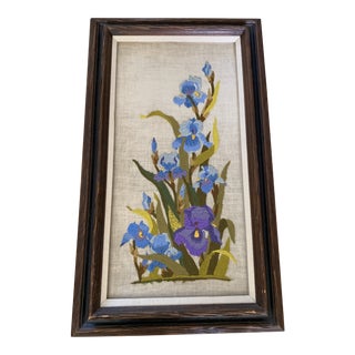 Vintage Framed Embroidered Bouquet of Irises For Sale