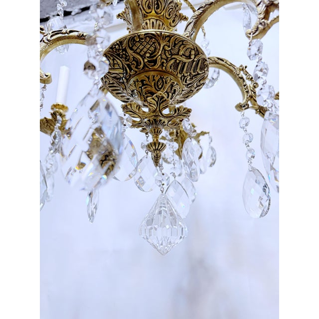 1930's Ornate Bronze Chandelier With Crystal Pendant For Sale - Image 4 of 12