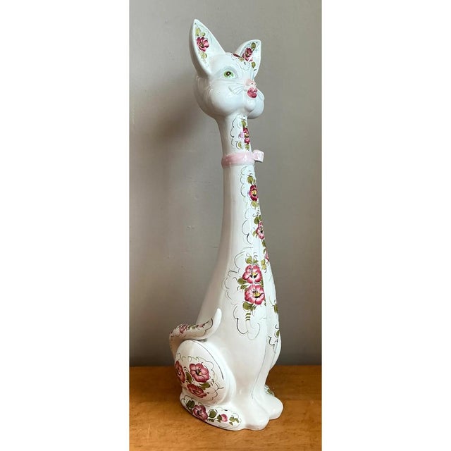 Vintage Italian Floral Hand-Painted Ceramic Cat For Sale - Image 4 of 12