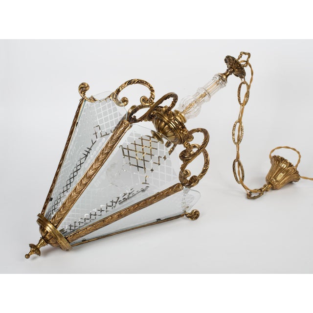 Metal 1950s Large Brass & Etched Glass Hall Lantern Ceiling Light For Sale - Image 7 of 12