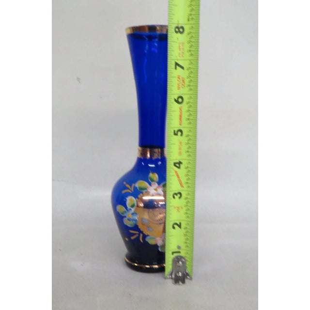 Glass Cobalt Blue and Gold Hand Painted Flowers Czech Bohemian Glass Bud Vase For Sale - Image 7 of 13