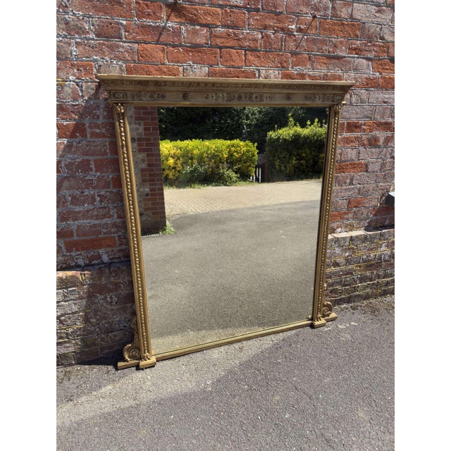 Glass Large Antique English Carved Wood and Gesso Gilt Overmantle Mirror, 1800s For Sale - Image 7 of 7