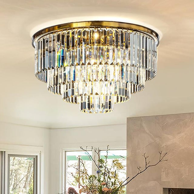 2020s Aloadecor 8-Lights Modern Antique Gold 4-Tier Round Fringe Crystal Flush Mount Ceiling Light For Sale - Image 5 of 8