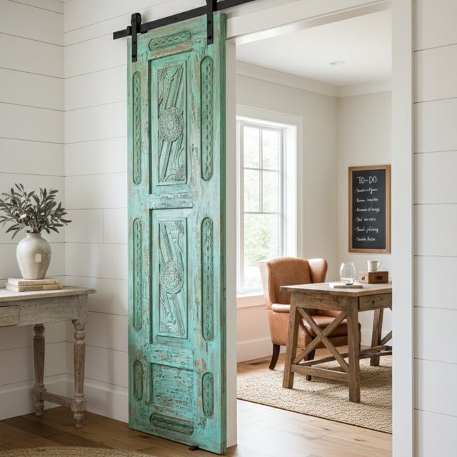 Blue Vintage Green Floral Carved Wood Door – Antique Indian Sliding Barn Door Statement Panel 96x29.5 For Sale - Image 8 of 8