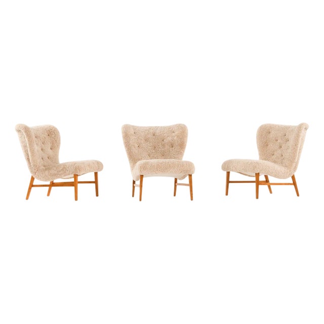 Easy Chairs in Beech & Reupholstered in Sheepskin attributed to Erik Bertil Karlén, 1940s For Sale