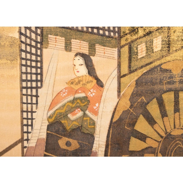 1970-1980s Shōwa Era Japanese Silk Byobu Screen "The Tale of Genji" For Sale - Image 10 of 18