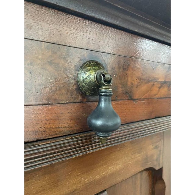 Brown 100+ Year Old Hutch Cabinet, Burl Wood Inlay, Hand Carved, Beautiful Antique For Sale - Image 8 of 12