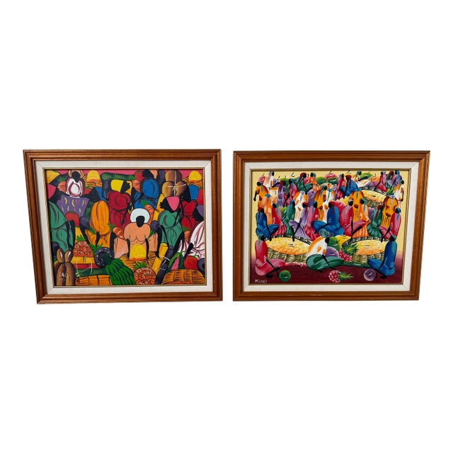 Vintage Haitian Folk Art Market Scene Oil on Canvas Painting by Michael, Wood Framed For Sale