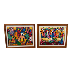 Vintage Haitian Folk Art Market Scene Oil on Canvas Painting by Michael, Wood Framed