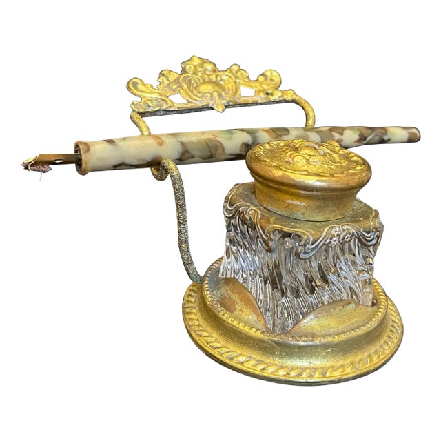 French Gilded Bronze Inkwell, Pen Rest, 19th Century For Sale