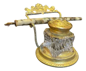 French Gilded Bronze Inkwell, Pen Rest, 19th Century