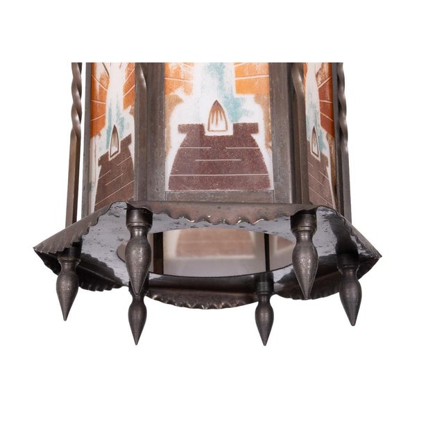 Amsterdam School Art Deco Hexagonal Hallway Lamp with Painted Glass, 1920 For Sale - Image 9 of 14