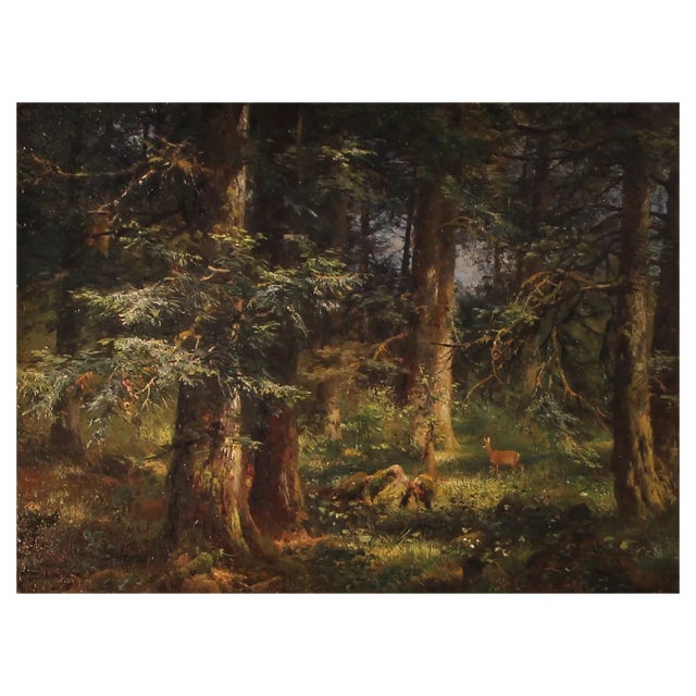 Anton Heinrich Dieffenbach, Deer in the Fir Forest, 1891, Oil on Wood, Framed For Sale