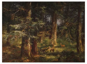 Anton Heinrich Dieffenbach, Deer in the Fir Forest, 1891, Oil on Wood, Framed