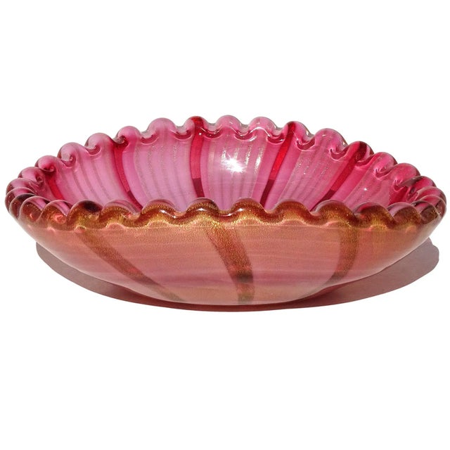 Murano Vintage Murano Mid Century Pink Aventurine Ribbons Gold Flecks Italian Art Glass Scalloped Rim Bowl For Sale - Image 4 of 10