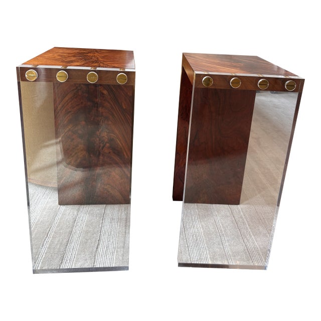 Wood and Acrylic Side Tables With Brass Accents- A Pair For Sale