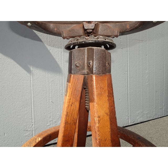 Brown Antique Industrial Adjustable Swivel Oak Drafting Stool Barstool 1of3 ~ # 2 For Sale - Image 8 of 17