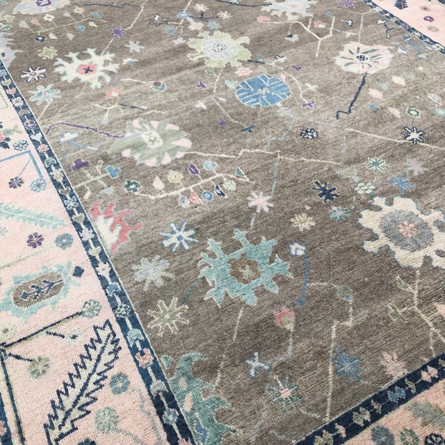 2010s Contemporary Turkish Oushak Rug in Warm Brown With Soft Pink Border and Floral Motifs, 9'x12' For Sale - Image 5 of 6
