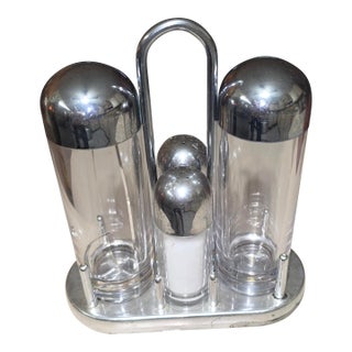 Mid 20th Century Alessi Condiment Service 5070 Design Ettore Sottsass Stainless Steel & Glass Memphis Design - 4 pcs with Holder For Sale