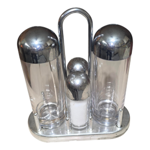 Mid 20th Century Alessi Condiment Service 5070 Design Ettore Sottsass Stainless Steel & Glass Memphis Design - 4 pcs with Holder