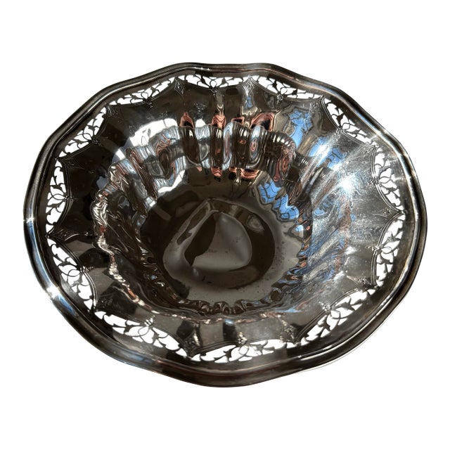 Antique Sterling Silver Bowl With Pierced Rim and Floral Scrollwork For Sale
