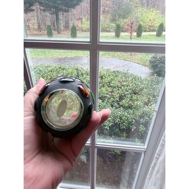 Vintage Cast Iron Reindeer Candle Holder With a Multi-Colored Glass Pillar For Sale - Image 12 of 14