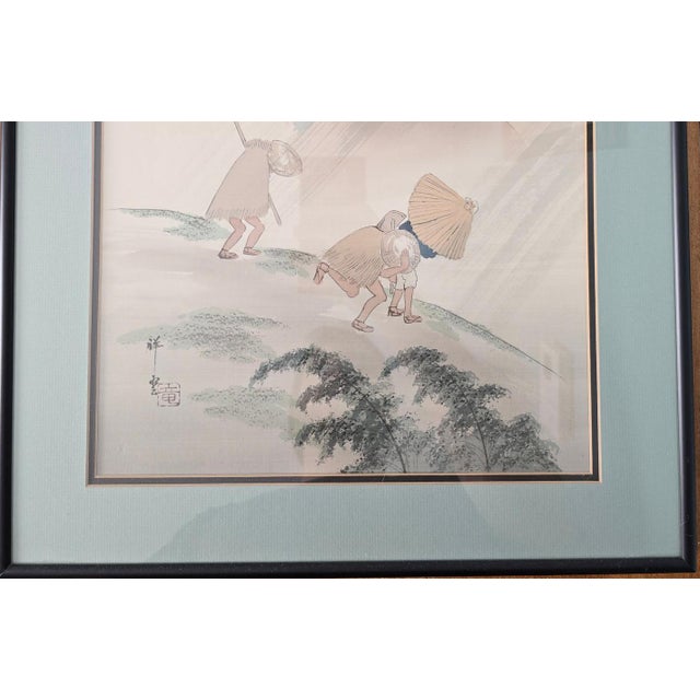 Vintage Japanese Silk Painting Signed Shoun, Travelers in Rain Nihonga Watercolor, Japandi Wall Art, Zen Landscape Decor For Sale - Image 4 of 15