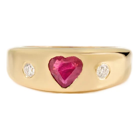 Solid 18k Gold Contemporary Chunky Heart Ring Faceted Ruby & Diamonds Size 5 For Sale