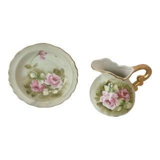 Mid 20th Century Lefton China "Heritage Green Rose" Mini Pitcher and Bowl/Saucer Set For Sale