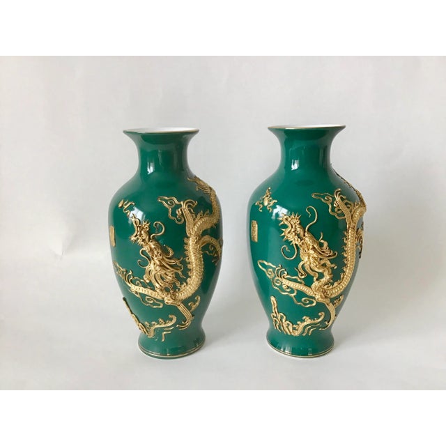 Green Chinese Vintage Porcelain Vases With Golden Dragons - a Pair For Sale - Image 8 of 8