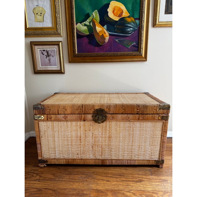 Mid-Century Modern Vintage Asian Woven Rattan & Bamboo Blanket Chest With Brass Hardware For Sale - Image 3 of 12