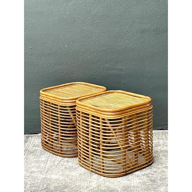 Late 20th Century Vintage Woven Rattan Side Tables - Pair For Sale - Image 5 of 12