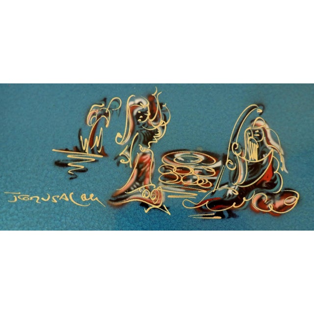 Vintage Solid Brass & Blue Enamel Hand Painted Figural Israel Judaica Serving Tray W/ Handles For Sale - Image 4 of 8