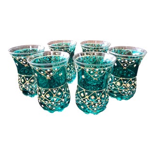 Vintage Mid Century Set Six Aquamarine Moser Glasses For Sale