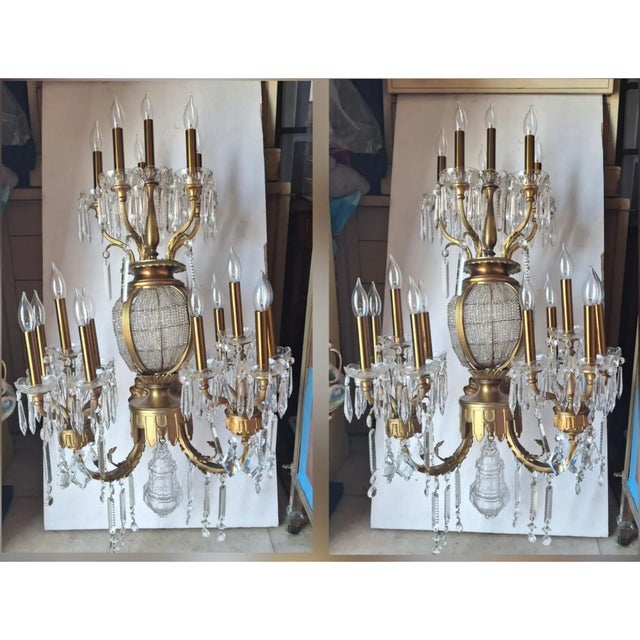 Monumental Hollywood Regency 43" French Style 17-Light Crystal Girandole Wall Sconces Gilt Brass a - Pair For Sale - Image 18 of 18