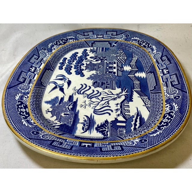 Metal Antique Gold Rimmed Oval Beech Hancock & Company Blue Willow Serving Platter From England - Circa 1851 For Sale - Image 7 of 13